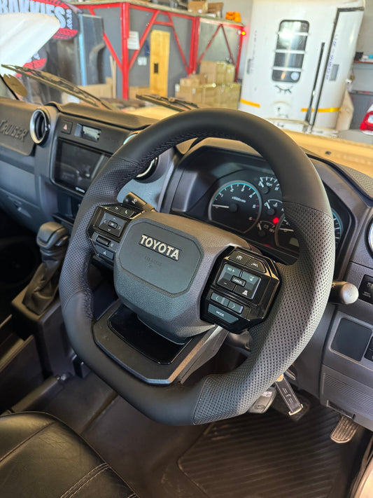 LC250 GR Style Toyota Hilux, Land Cruiser 70 Series Full Leather Steering Wheel Sport - Black